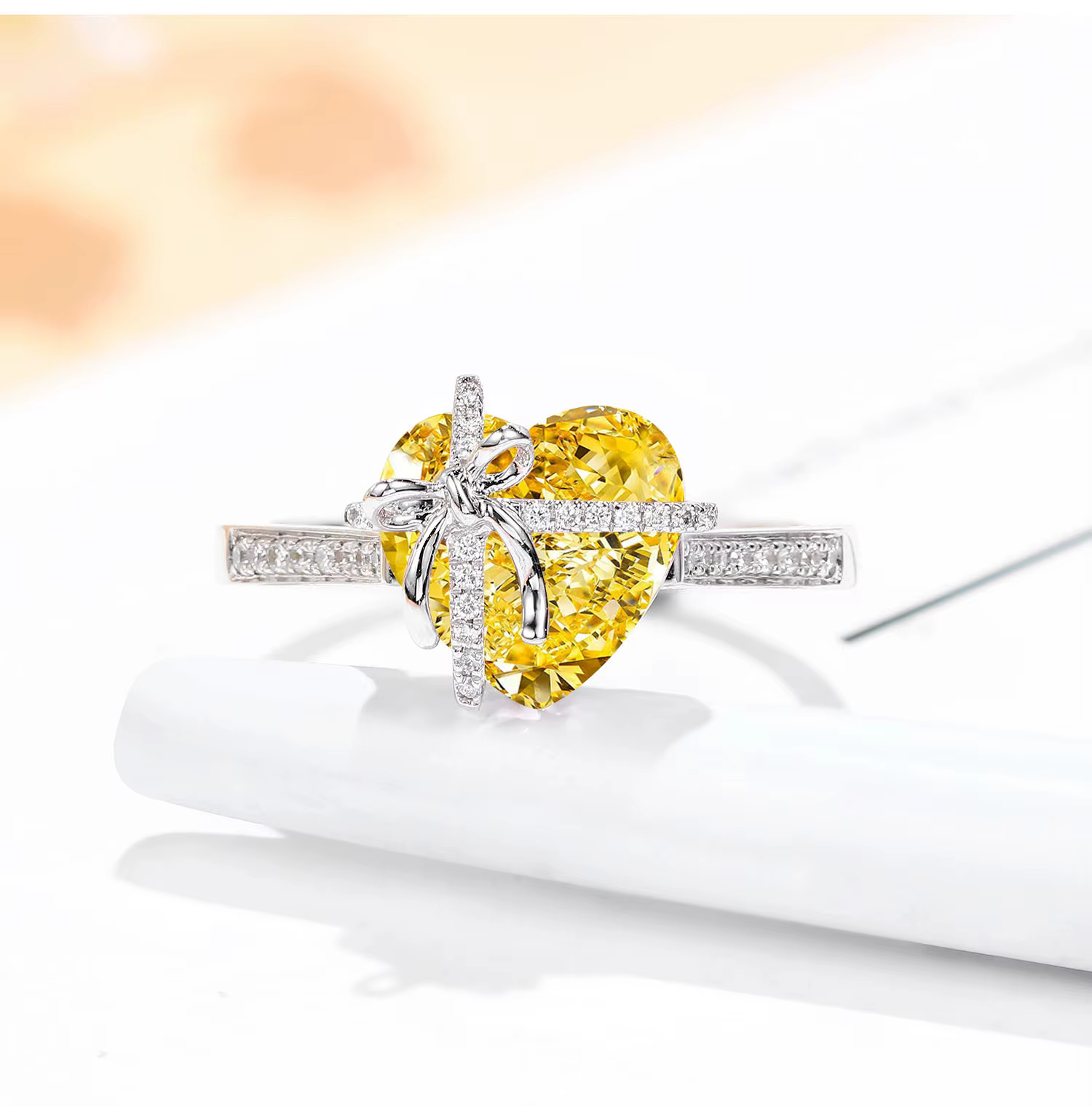 Bague en argent sterling 925 avec cœur en poudre scintillante et diamant à haute teneur en carbone