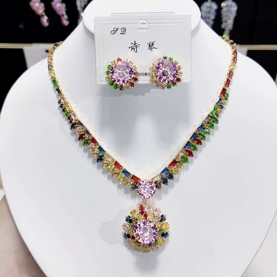 Ensemble collier et boucles d'oreilles de luxe en Zircon à la mode - Combo de bijoux élégants pour femmes