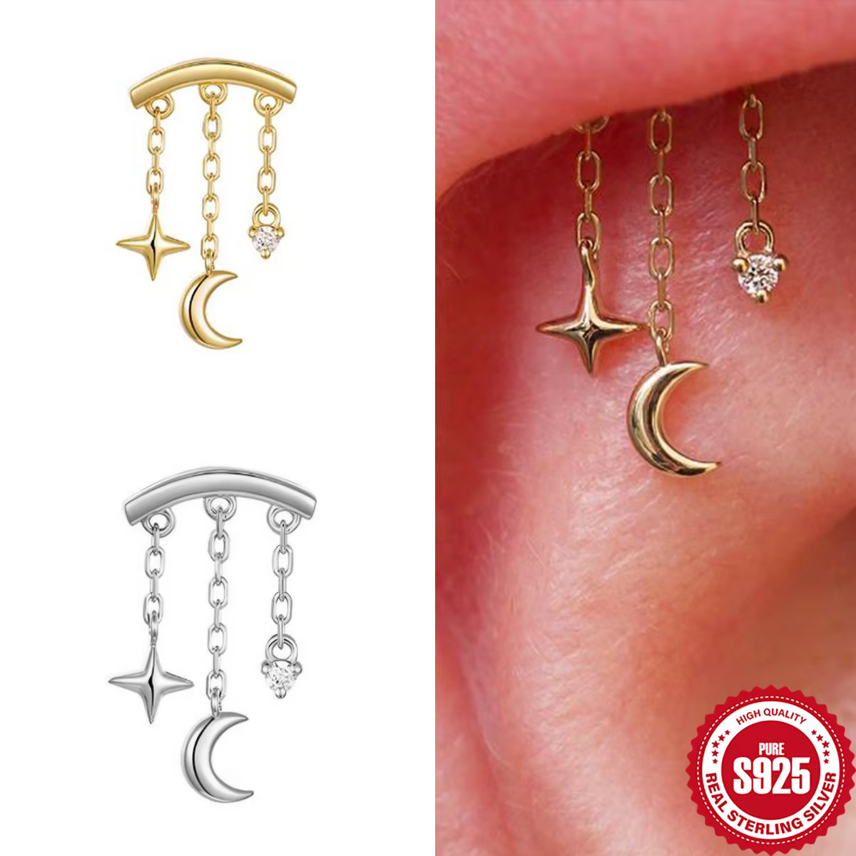 BOAKO – boucles d'oreilles en argent Sterling 925 avec chaîne étoile et lune