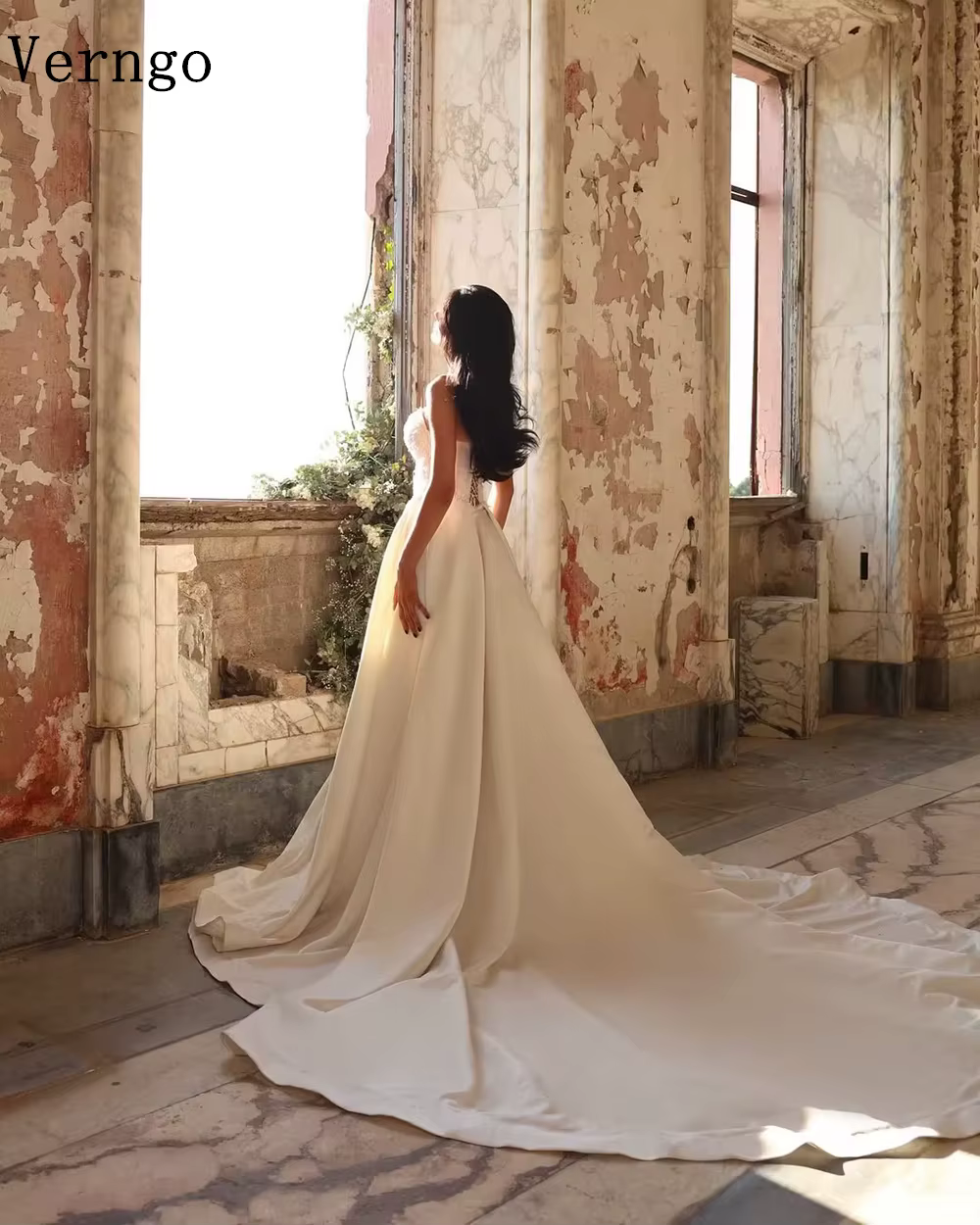 Verngo-Robe de Mariée en Satin de Couleur Ivoire