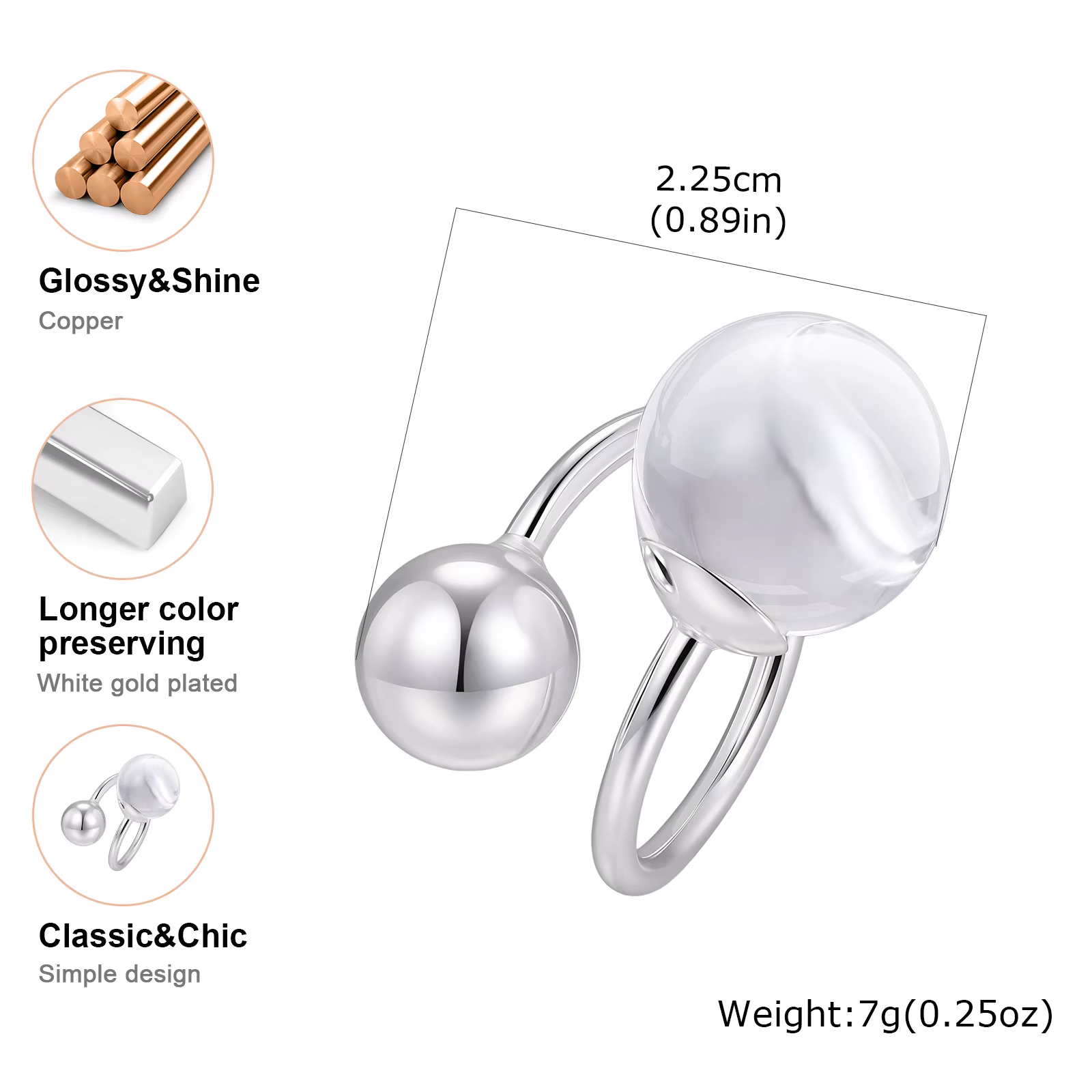 Bague ouverte sphérique géométrique pour femme