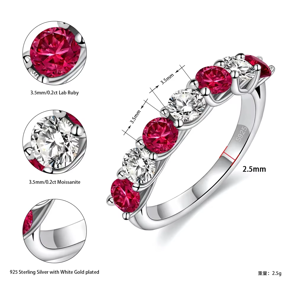 Bague LinkerLove Ruby pour femme, argent sterling S925, pierre précieuse moissanite, 7 pierres alternées, alliance de mariage, bijoux, cadeau d'anniversaire