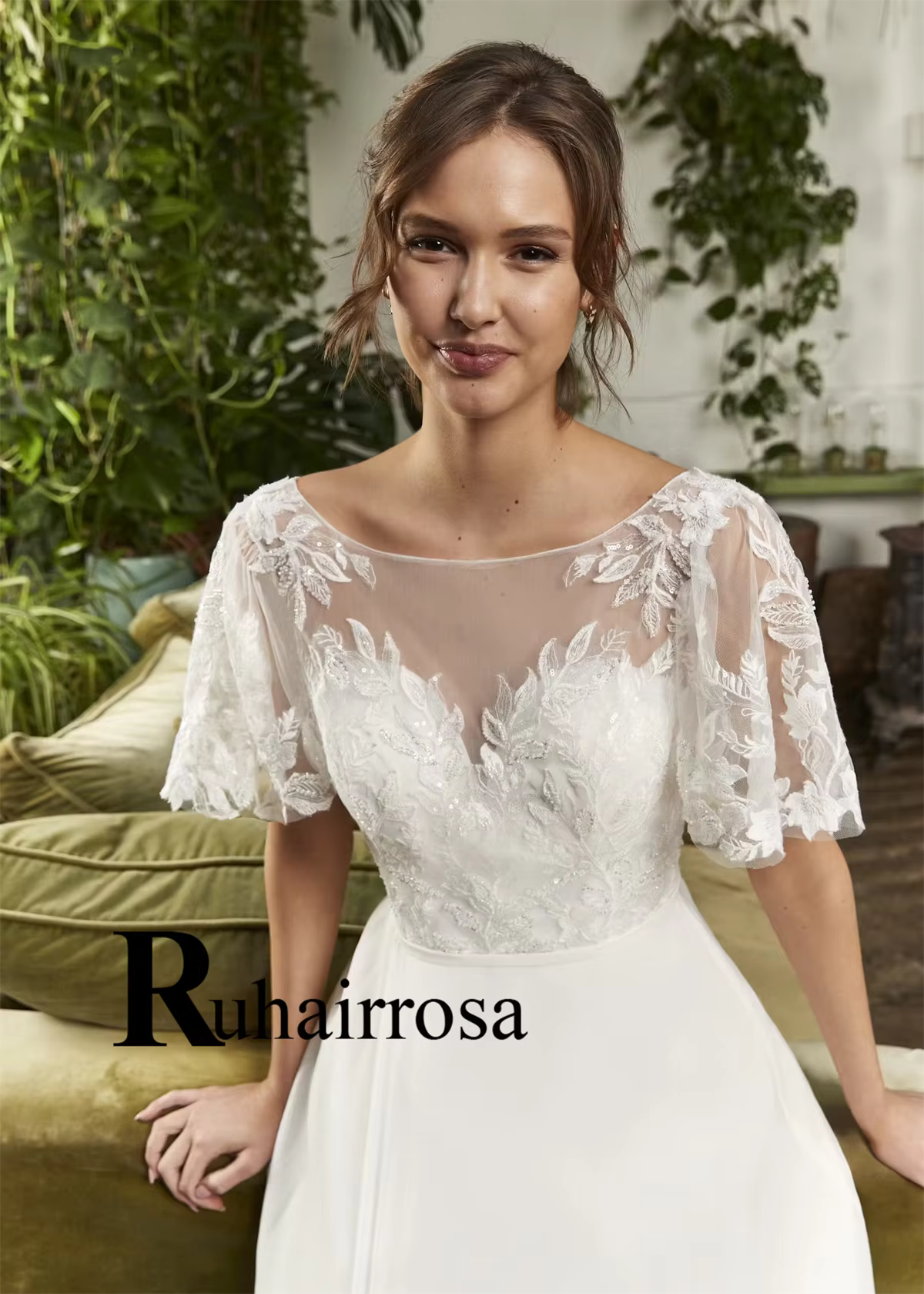 Ruhair robes De mariée délicates a-ligne col rond manches évasées laçage paillettes Tulle