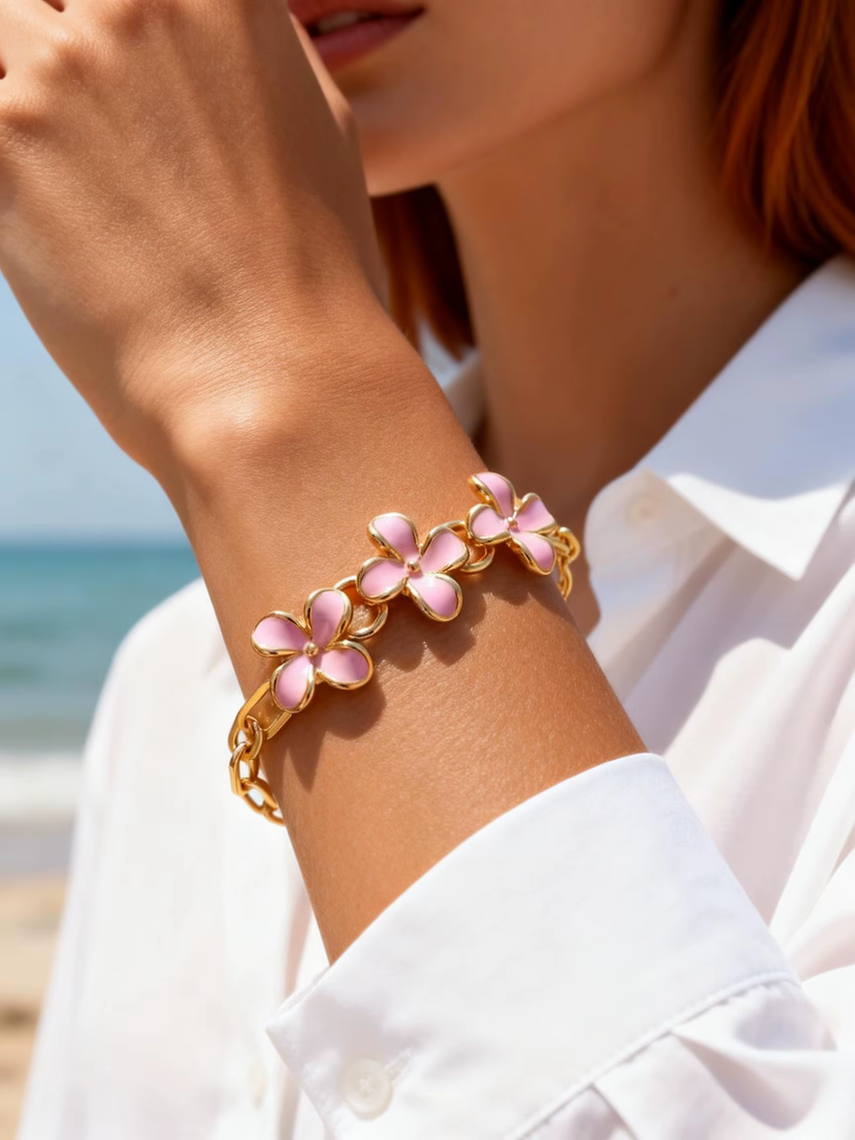 Bracelet Fleur Rose Émaillée Tendance pour Femme