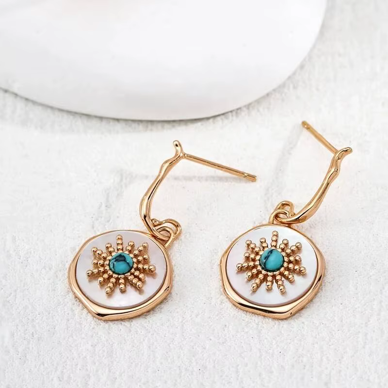 Boucles d'oreilles pendantes rondes en argent S925 avec nacre blanche et turquoise pour femme