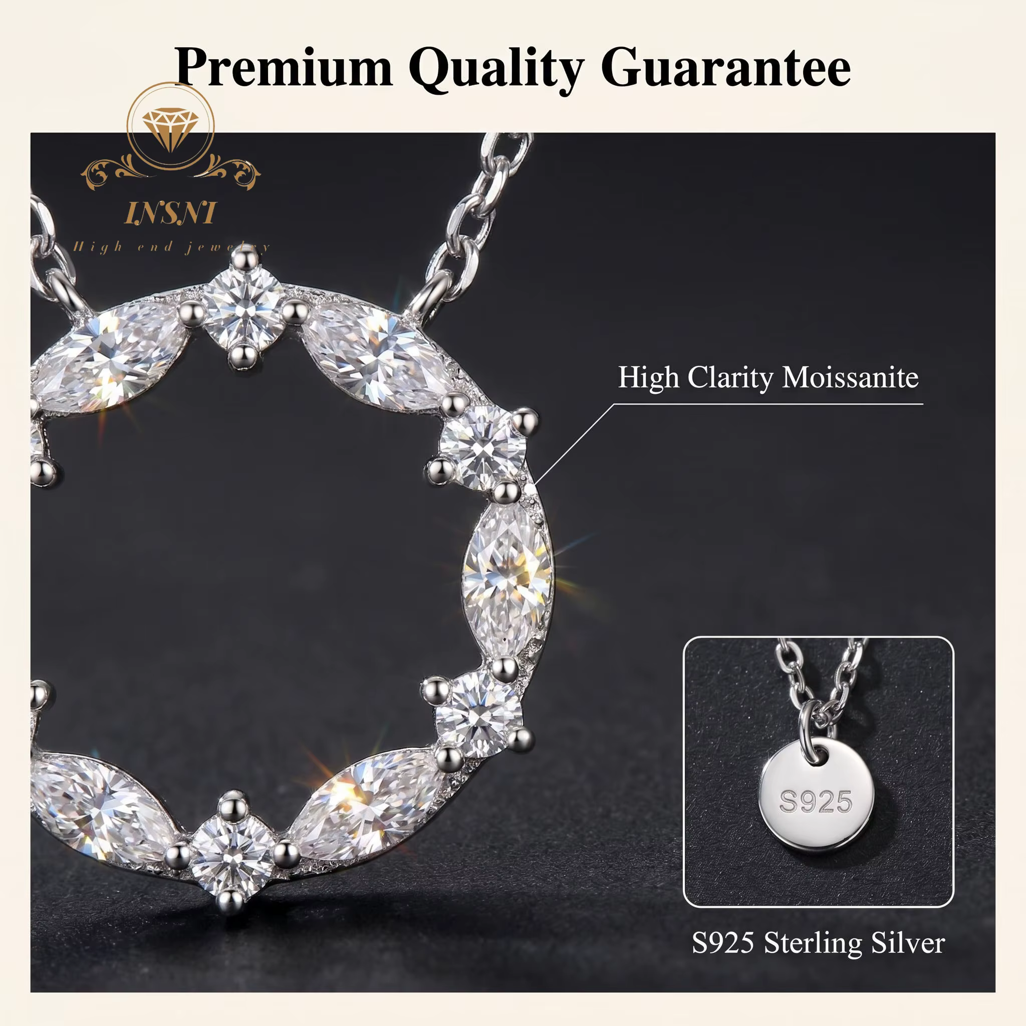Chaîne de clavicule en argent sterling S925 avec moissanite œil de cheval et motif couronne