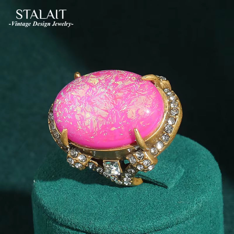 Grande bague opale Vintage rose Antique couleur or luxe qualité bijoux concepteur réglable pour femme accessoires 2025 tendances