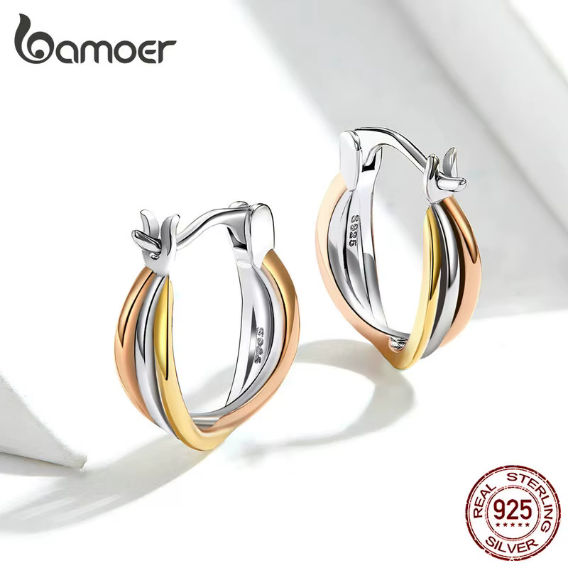 Bamoer-Boucles d'Oreilles Bicolores en Argent Sterling 925 group