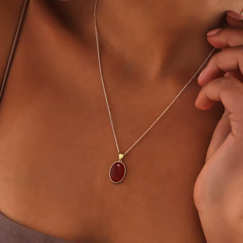 Collier de cornaline naturelle en or 14 carats fait à la main