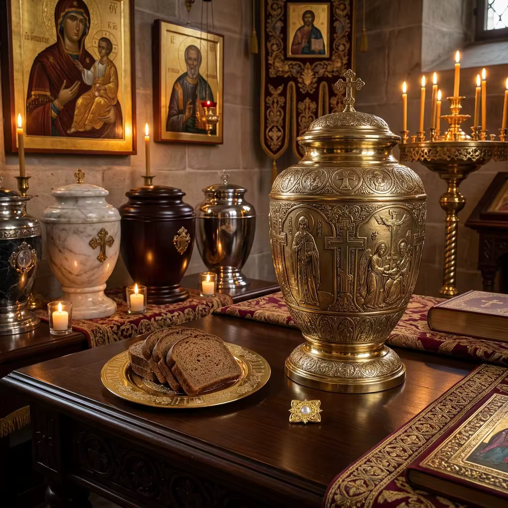 Ensemble d'assiettes d'autel orthodoxes en métal doré avec prosphora et objet carré orné dans une boîte haut de gamme