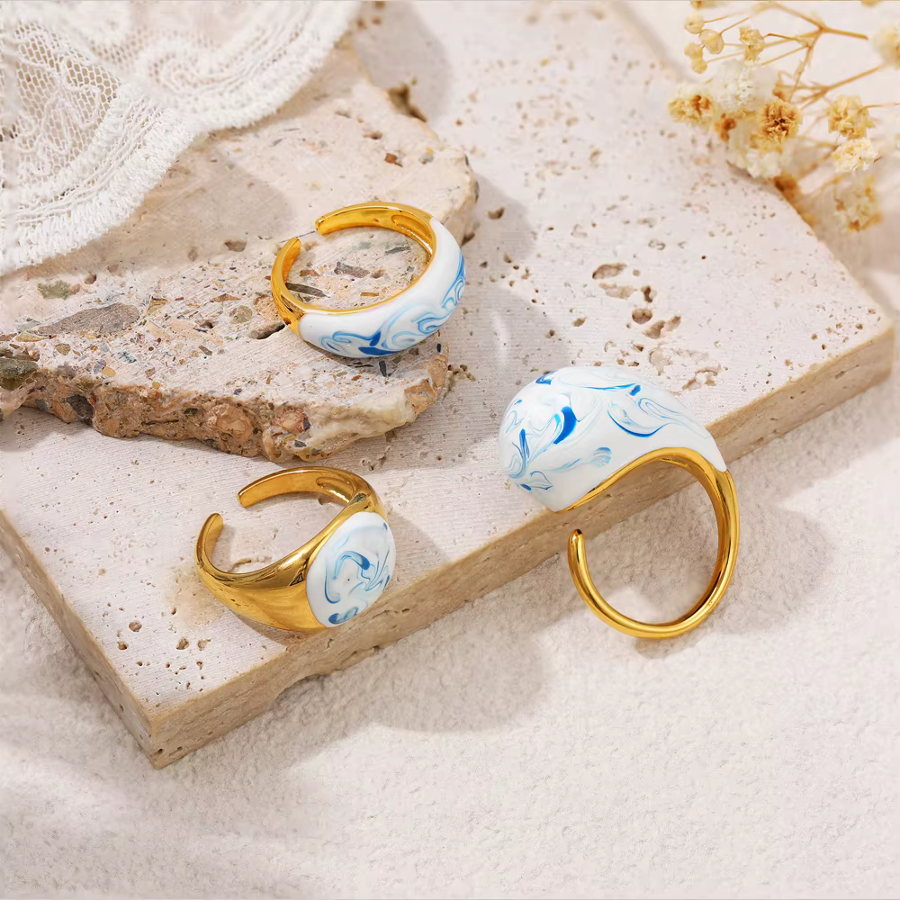 Bague ouverte Vintage en émail bleu blanc pour femmes