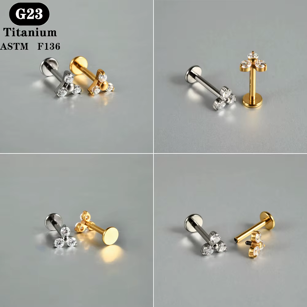 1 PC ASTM F136 titane Zircon dos plat boucle d'oreille fleur clous