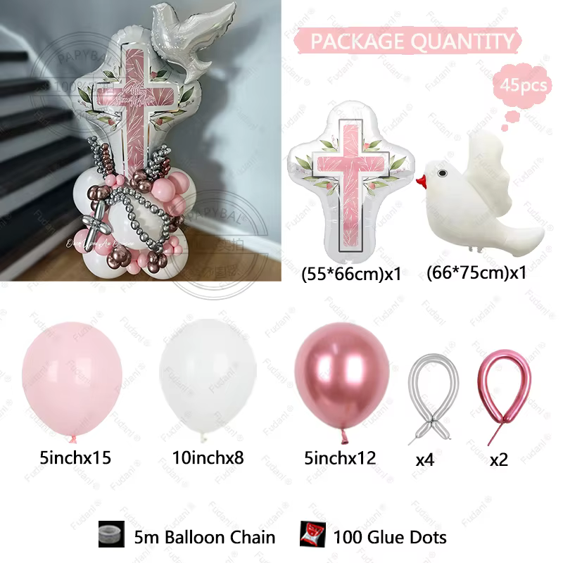 Bleu rose bébé baptême ballon croix bain feuille