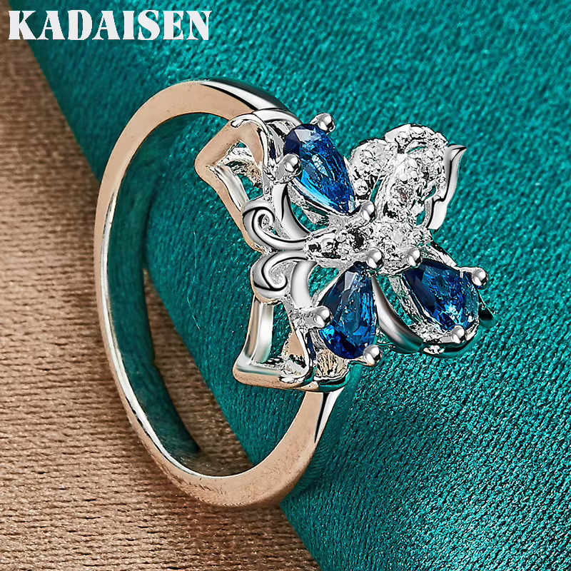 Papillon en argent sterling 925 avec zircon bleu 7-10 # Bague pour femmes
