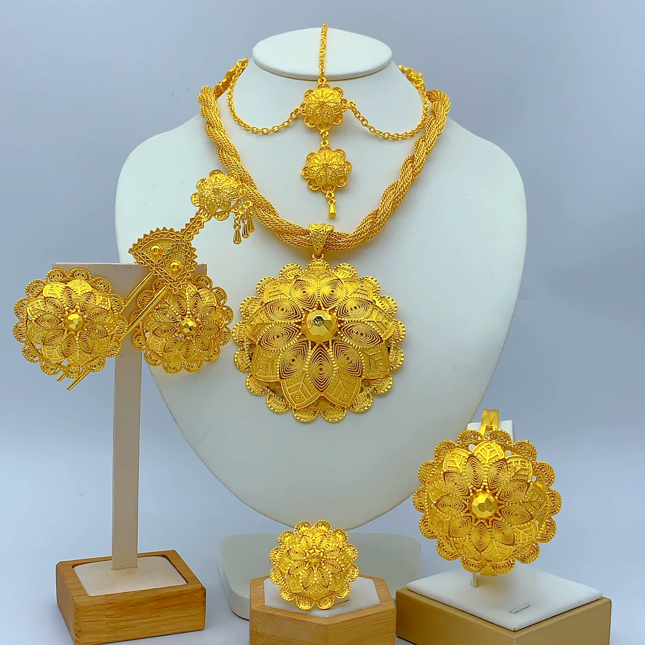 Ensemble de bijoux plaqué or 24 carats éthiopien, 6 pièces, pour femme, Dubaï, africain, indien, grand collier avec pendentif, cadeaux de mariage et de fiançailles