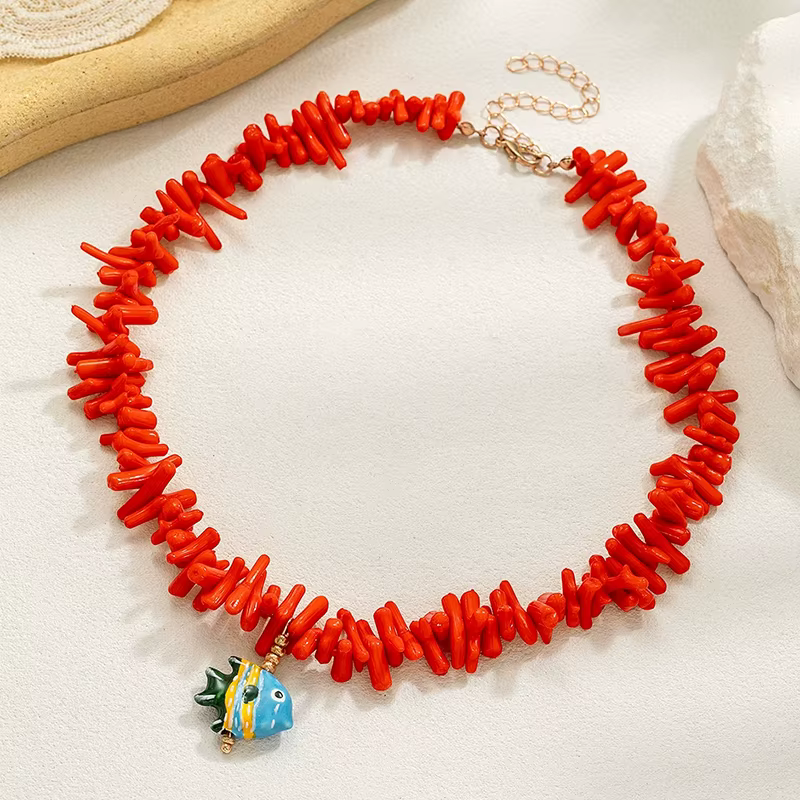 Collier de perles de corail imité Y2K pour femmes