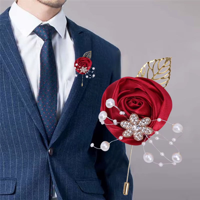 Broche de mariage Corsage de poignet pour mariée demoiselle d'honneur en ruban Rose fleur strass perle mode hommes costume broches de poche