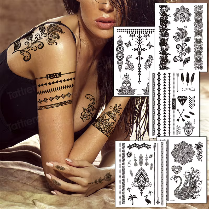 Autocollant de tatouage en dentelle de henné noir pour femmes