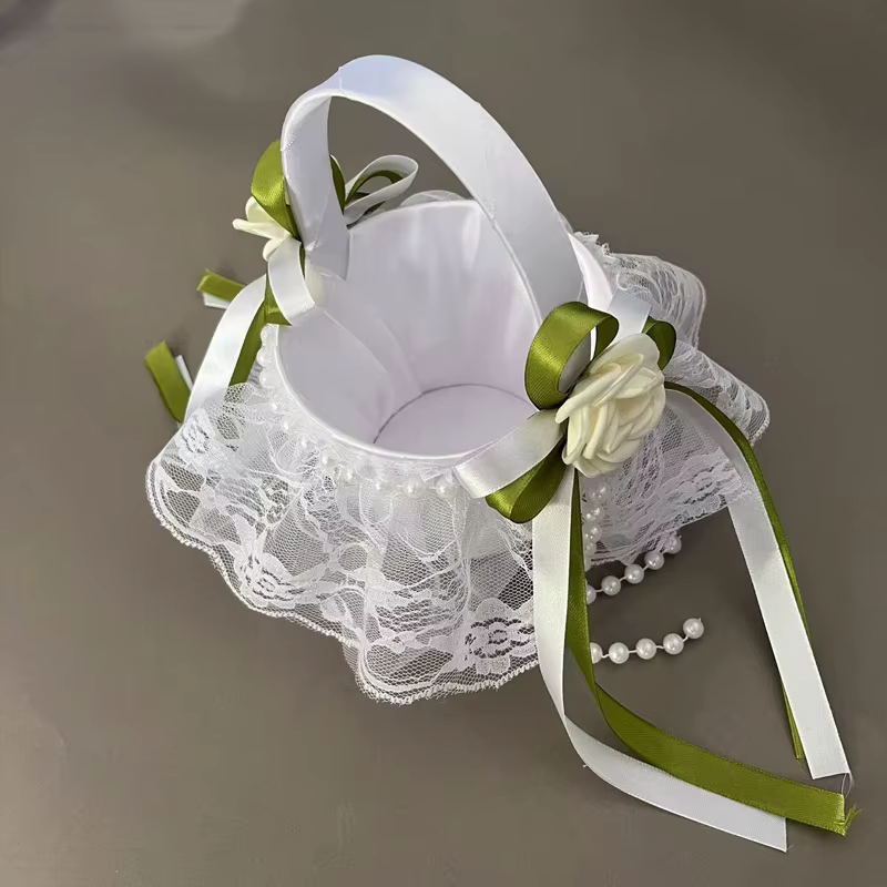 1 panier à fleurs de mariage en satin - Design vert simple