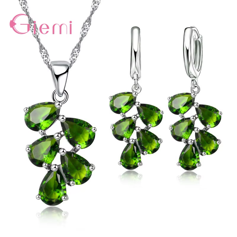 Pur 925 argent Sterling vigne goutte d'eau zircon cubique pendentif collier boucles d'oreilles ensembles de bijoux pour les femmes cadeaux de fiançailles de fête