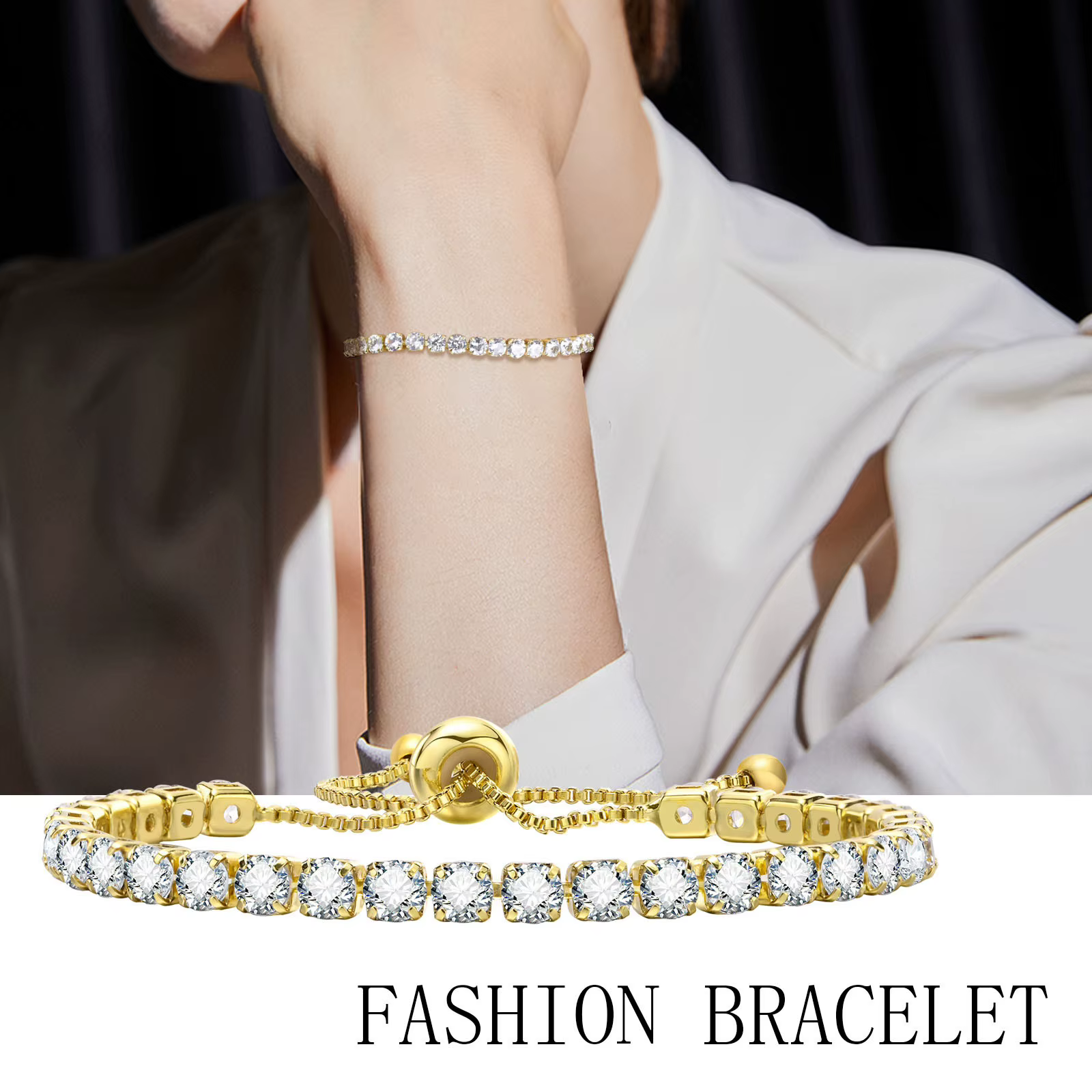 Bracelet tennis réglable en acier inoxydable pour femme