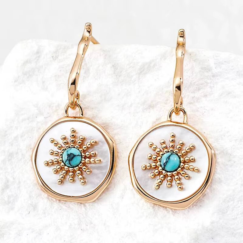 Boucles d'oreilles pendantes rondes en argent S925 avec nacre blanche et turquoise pour femme