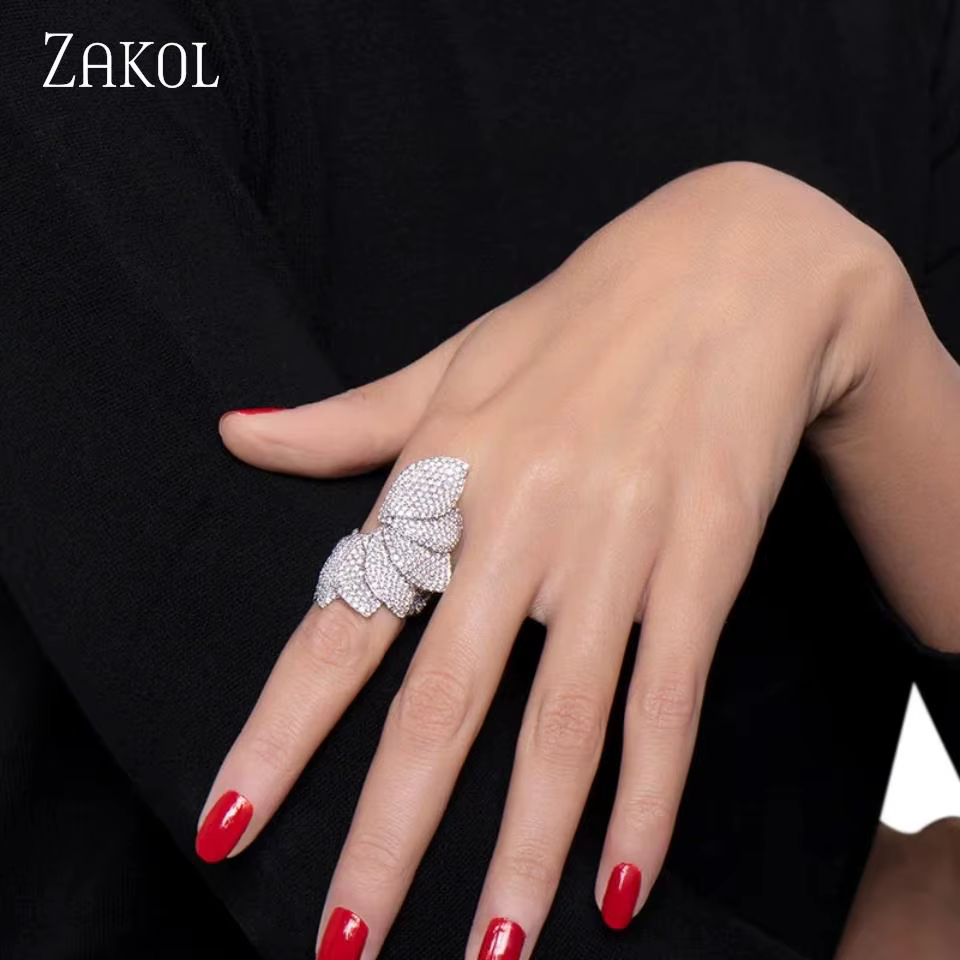 ZAKOL haute tempérament fleur conception Micro-ensemble CZ Zircon anneau pour les femmes exquis et élégant fête Banquet bijoux accessoires
