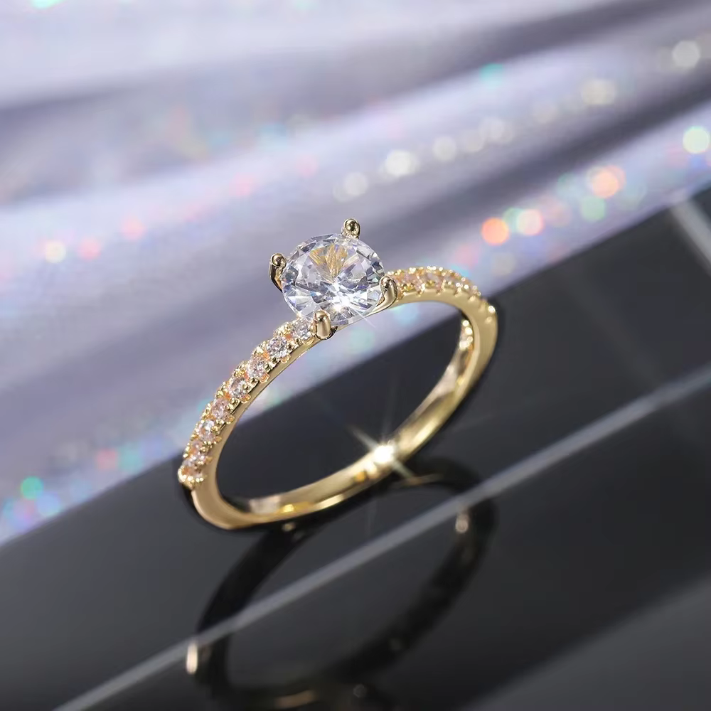 Huitan alliance éternité anneaux femmes brillant rond zircone luxe bagues de fiançailles mince élégant femme bijoux livraison directe