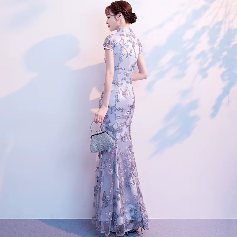 Robe longue en dentelle Cheongsam grise pour femme
