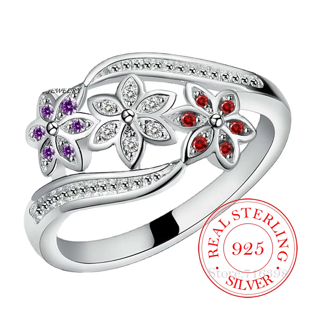 Bague fleur en argent sterling 925 pour femme – Élégant blanc rouge violet CZ bijoux classique bracelet délicat pour fiançailles de mariage