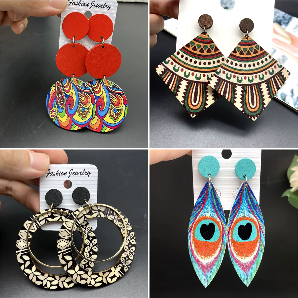 Boucles d'oreilles ethniques bohème en bois peint coloré pour femmes