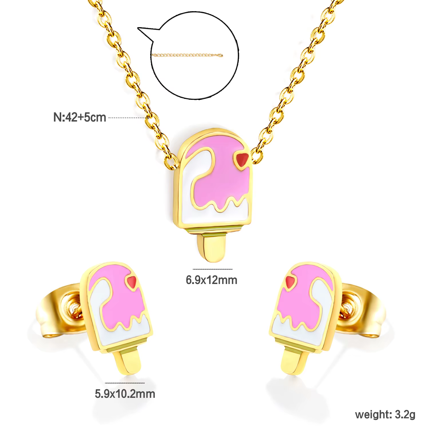LUXUKISSKIDS été crème glacée pendentif ensemble de bijoux rose glace Popsicle mignon filles jeunes dames en acier collier boucles d'oreilles ensembles