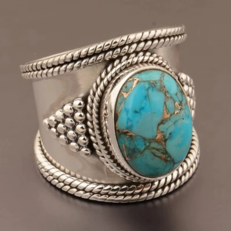 Bague ethnique pour femme en argent avec imitation turquoise incrustée