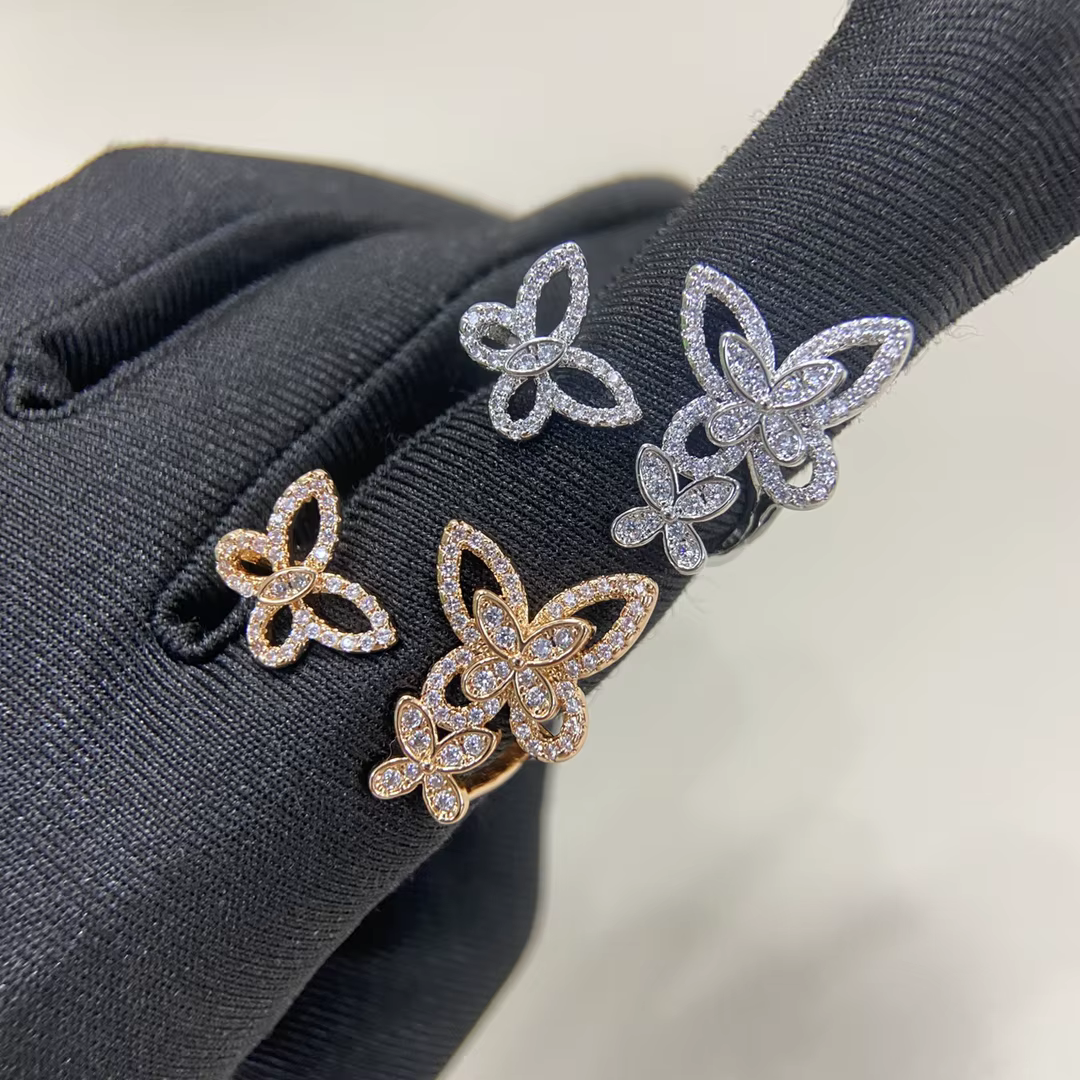 Classique S 925 en argent sterling évidé diamant serti trois bagues pour femmes en forme de papillon différente