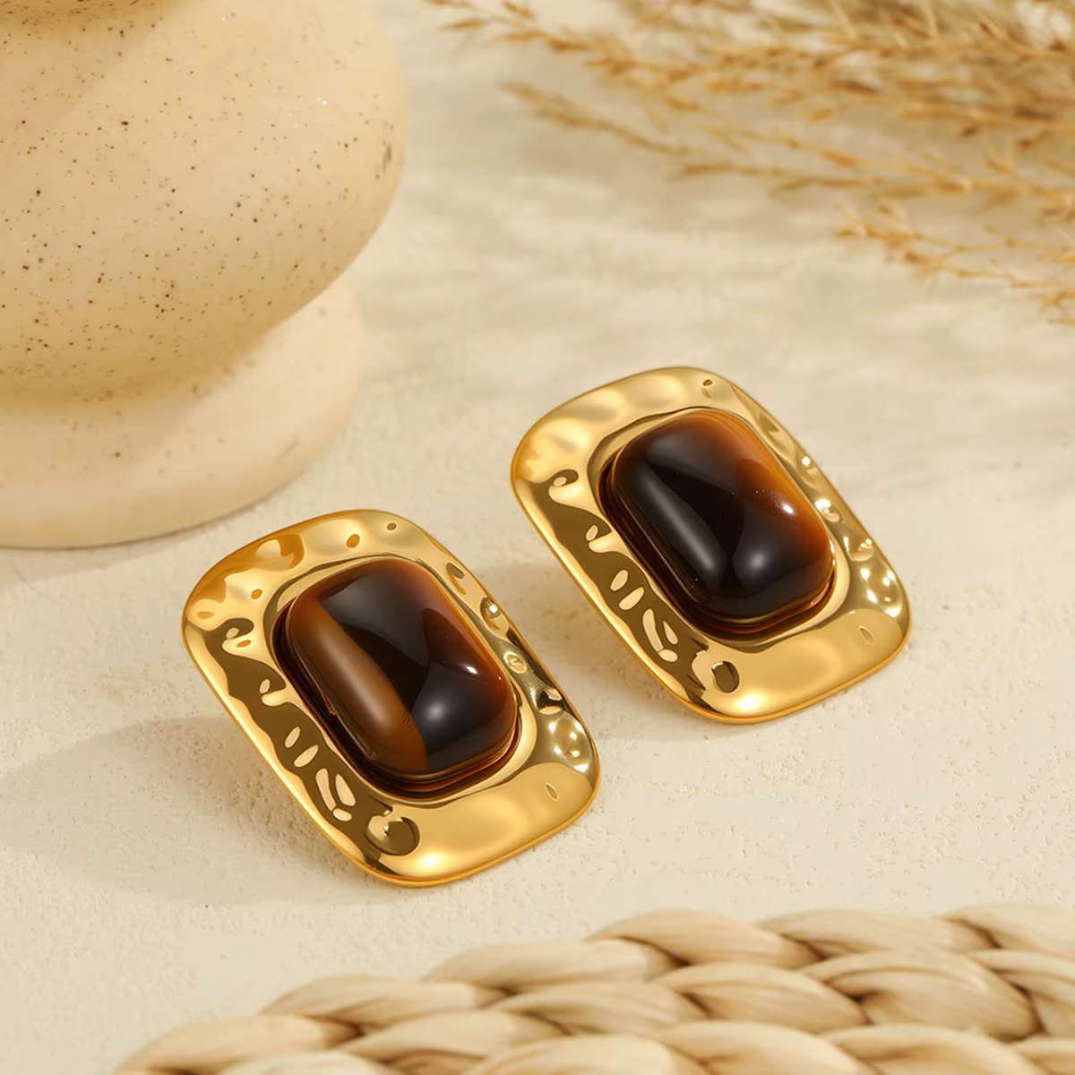 Ars Boucles d'oreilles vintage en pierre d'agate plaqué or 18 carats