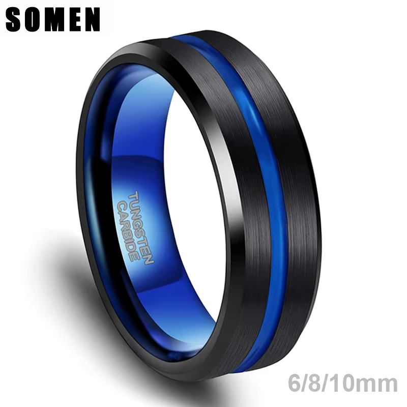 Somen hommes Bague de mariage 6/8/10mm tungstène noir avec rainure bleue/à l'intérieur mat brossé