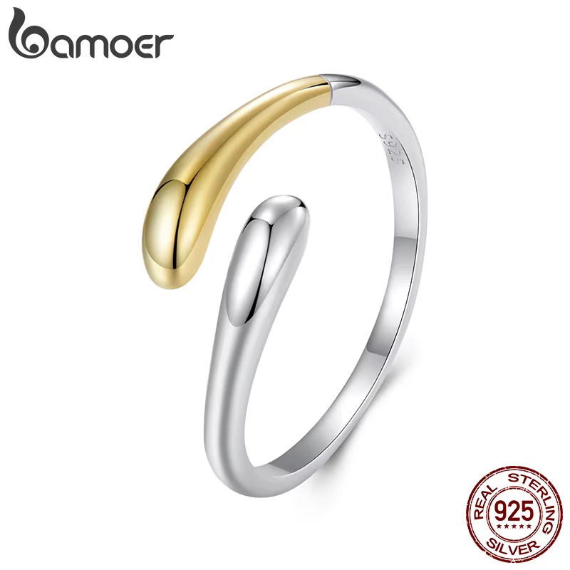 BAMOER 925 bague réglable ouverte bicolore en argent Sterling goutte d'eau