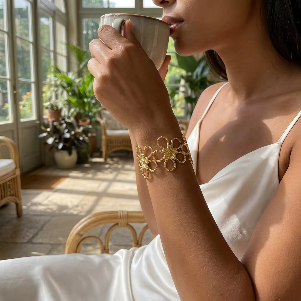 Bracelet manchette en acier inoxydable Sweet Hollow Flower pour femme