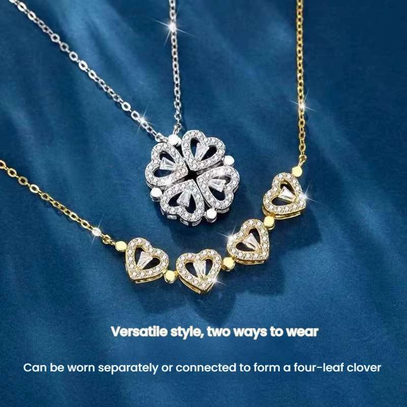 Collier pendentif en forme de cœur trèfle à quatre feuilles