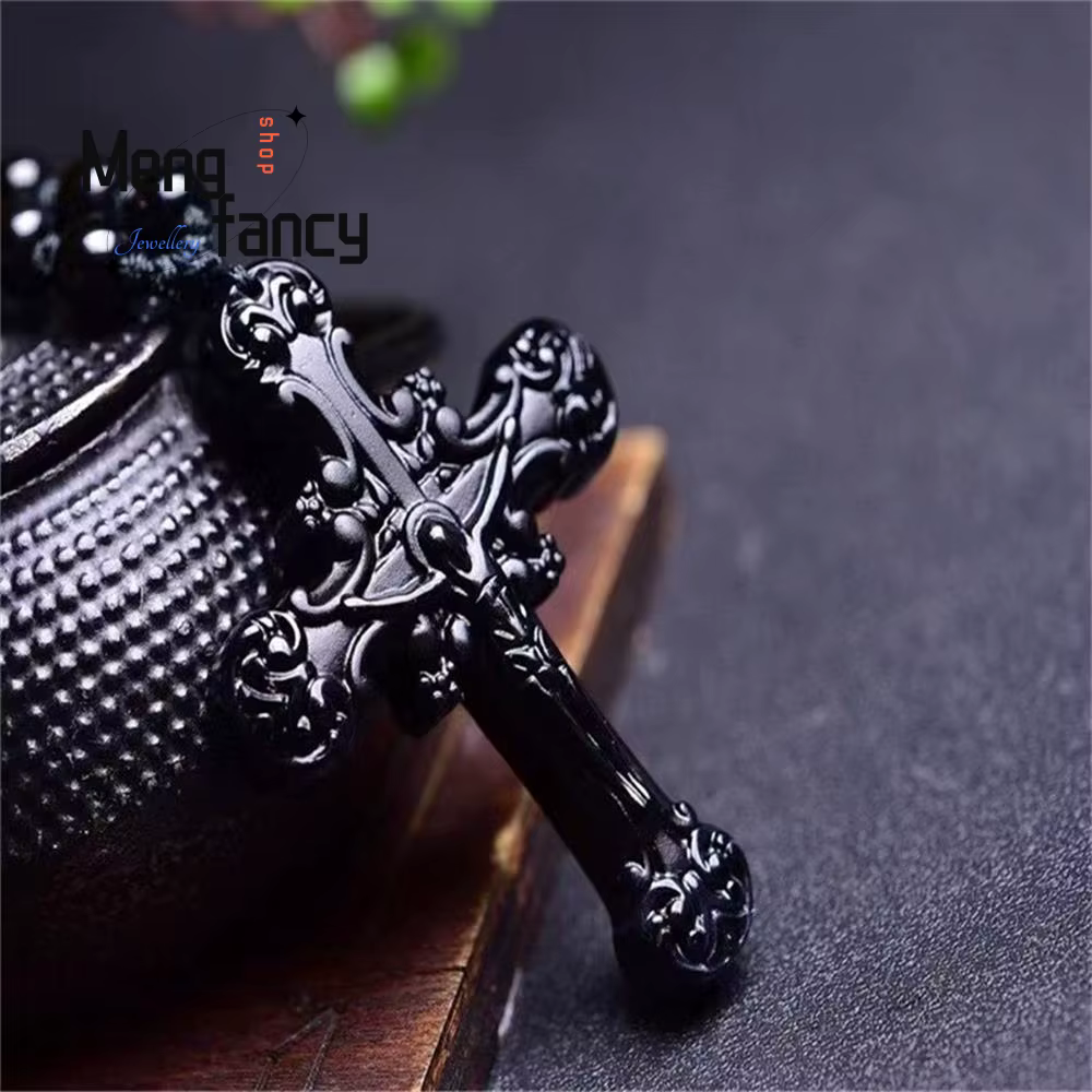 Pendentif croix en obsidienne naturelle