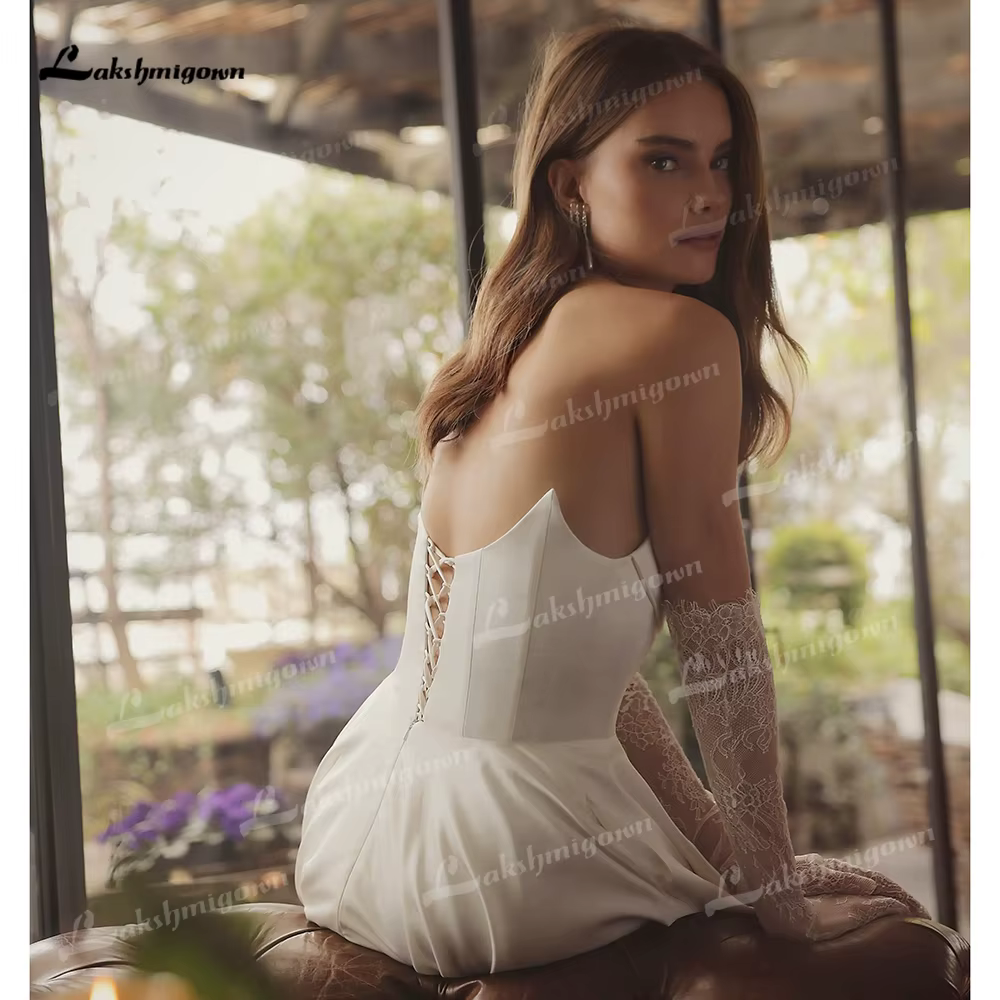 Yanshmigown-Robe de mariée en satin sans bretelles en dentelle fendue