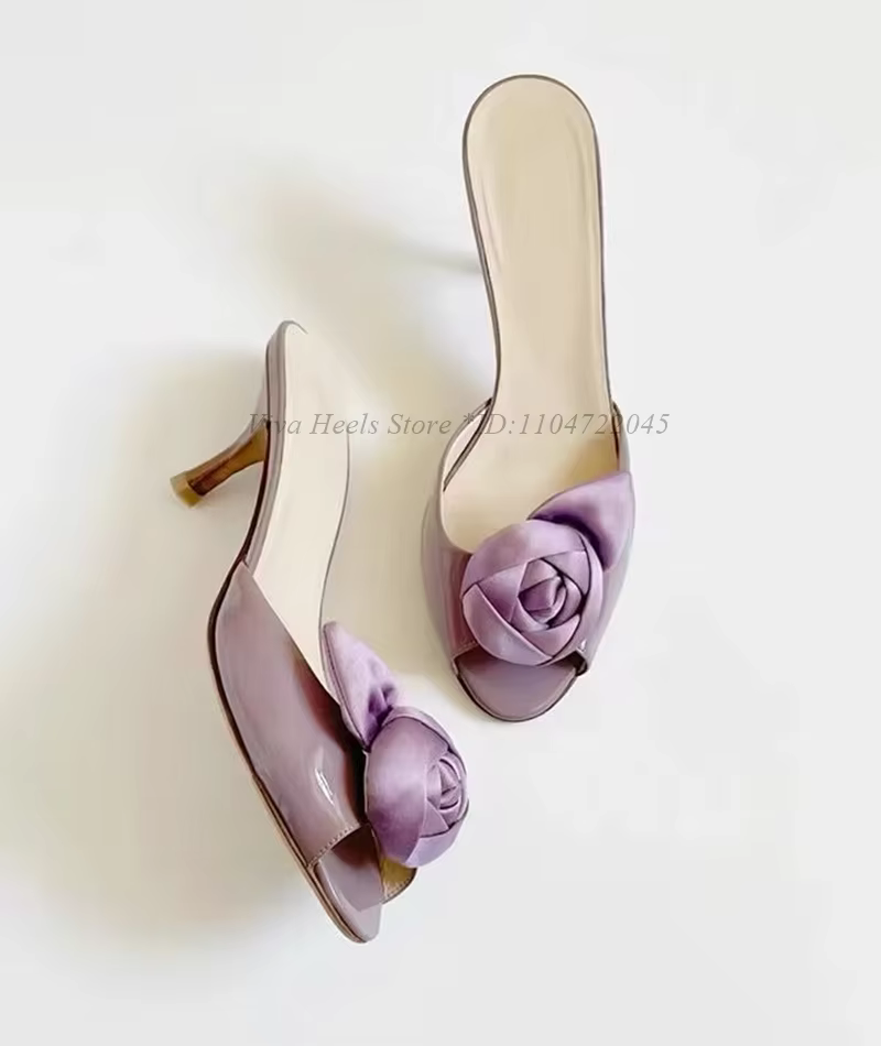 Vintage Rose décor Violet Satin pantoufles femmes 2025 été nouveau en noir/blanc talons hauts confortable en cuir souple Mules Design chaussures