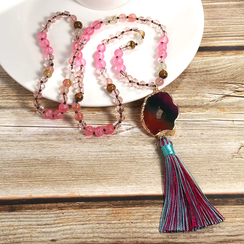 Mode bohème bijoux pierres semi-précieuses nouées Druzy pierre liens gland colliers pour femmes Boho collier