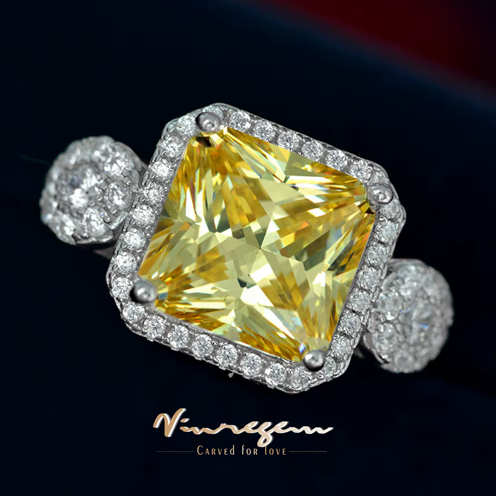 Vinregem 10 MM 5 CT Citrine haute teneur en carbone diamant bague en pierres précieuses pour les femmes 100% 925 en argent Sterling mariage fiançailles bijoux fins
