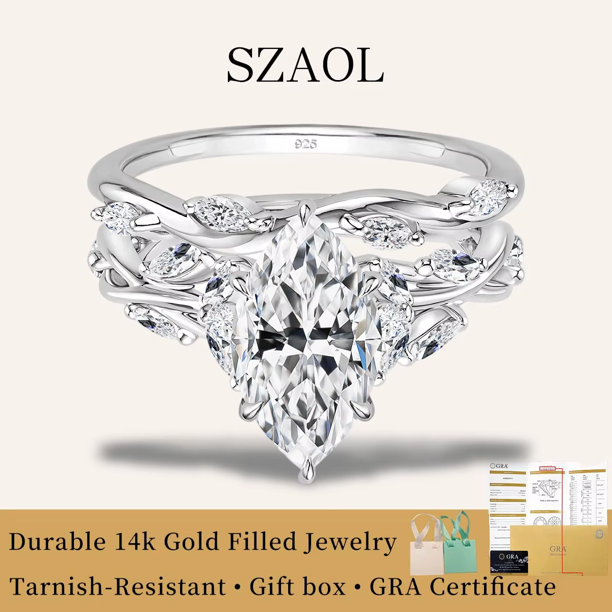 Bague de mariage en moissanite taille marquise 3 carats