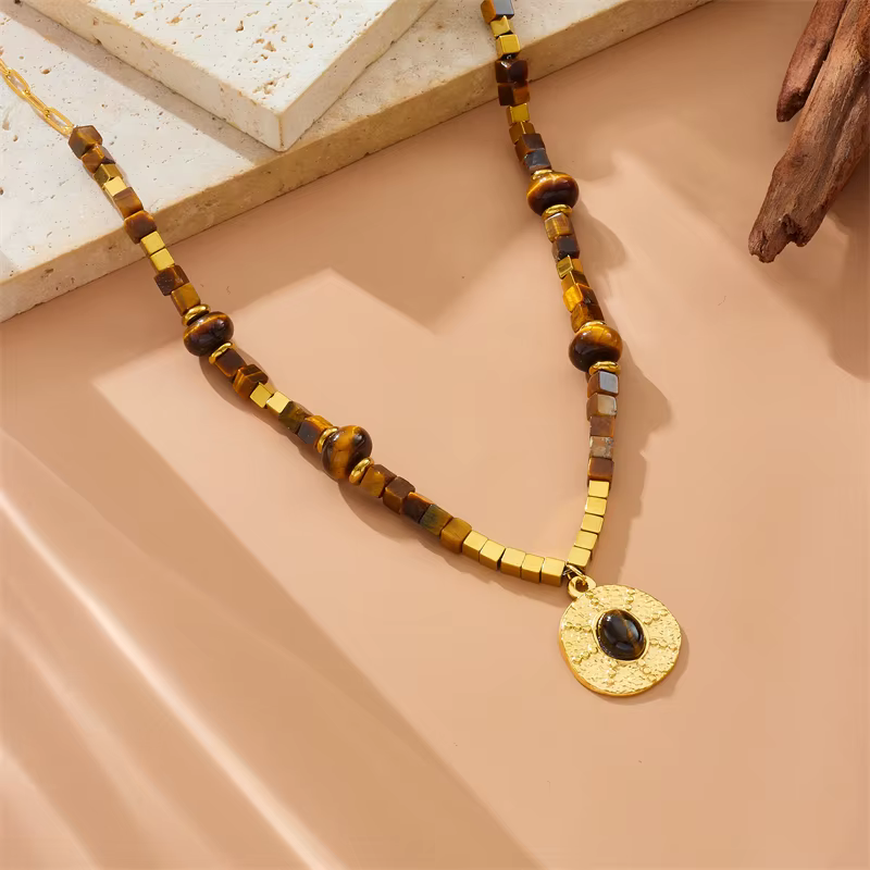 DIEYURO SION L-Collier pendentif œil de tigre vintage pour femme