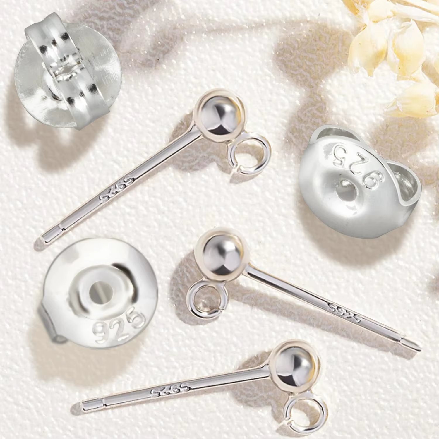 Lot de 20 clous d'oreilles en argent 925 | Taille 4x16 mm avec dos de 6 mm et anneaux de saut 50x4 mm | Kit de