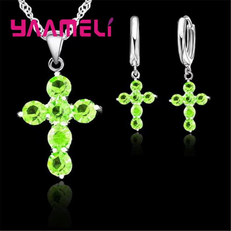 925 argent Sterling cristal autrichien croix pendentif collier boucles d'oreilles cerceau ensembles de bijoux brillant AAA Zircon 10 couleurs