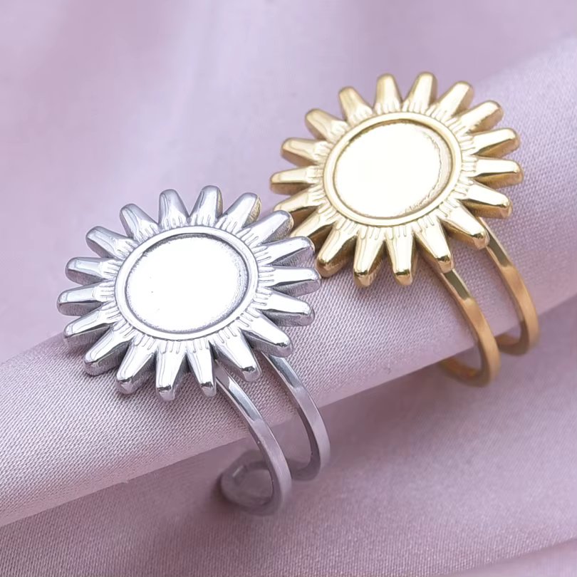 1/2 pièces mélange argent/or couleur ovale fleur soleil anneau en acier inoxydable anneaux pour femmes hommes accessoires rond blanc Cobochons paramètres