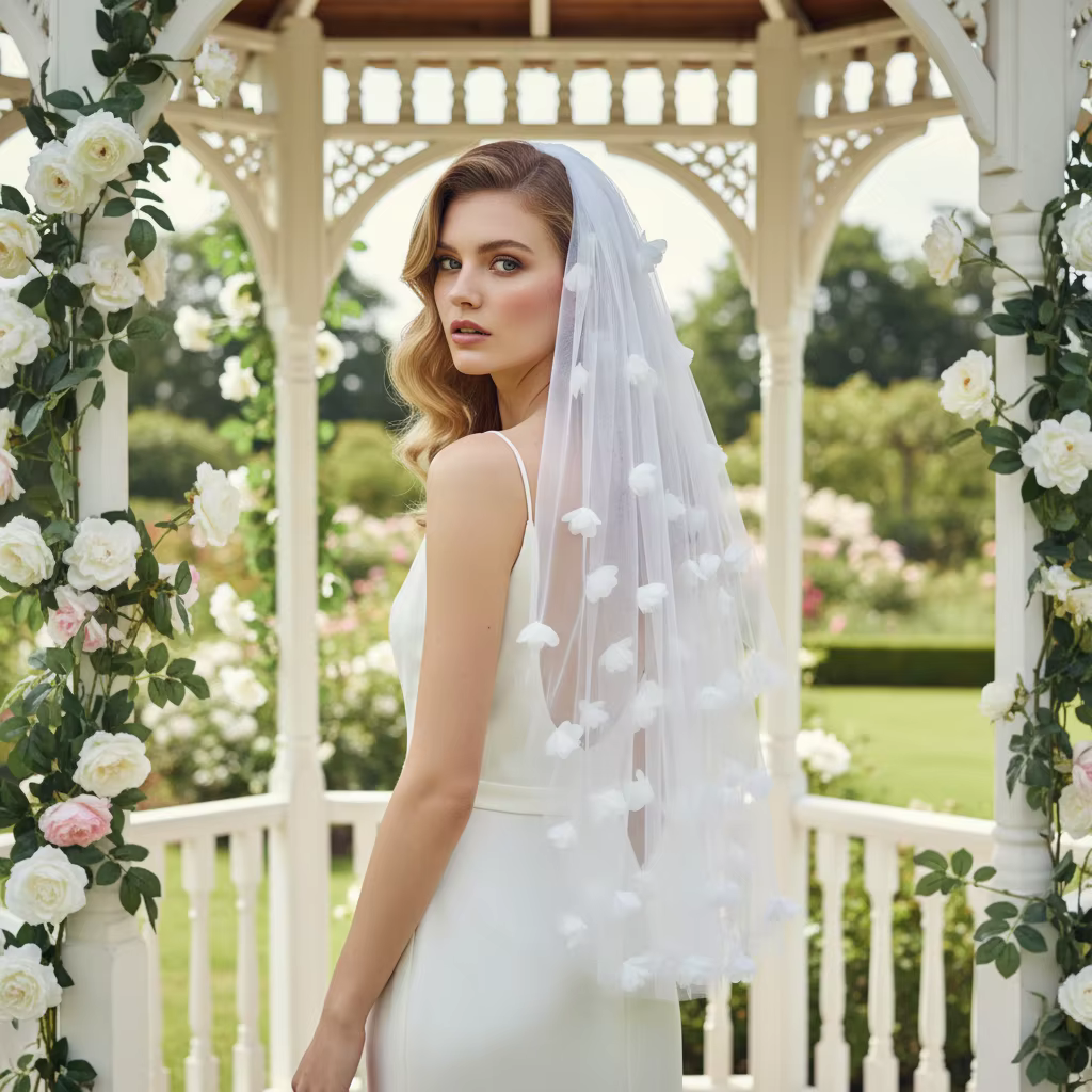 Voile de mariée élégant en tulle avec appliques florales 3D